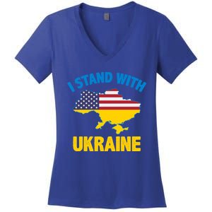 I Stand With Ukraine Map American Flag Us Support Ukrainian Gift Women's V-Neck T-Shirt