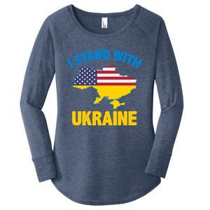 I Stand With Ukraine Map American Flag Us Support Ukrainian Gift Women's Perfect Tri Tunic Long Sleeve Shirt