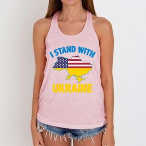 I Stand With Ukraine Map American Flag Us Support Ukrainian Gift Women's Knotted Racerback Tank