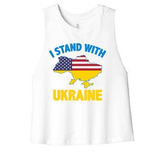 I Stand With Ukraine Map American Flag Us Support Ukrainian Gift Women's Racerback Cropped Tank