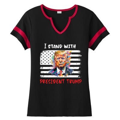 I Stand With President Trump Distressed American Flag Suppor Gift Ladies Halftime Notch Neck Tee