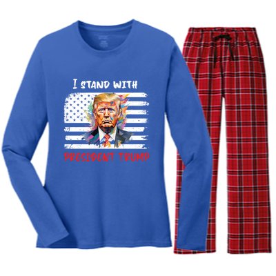 I Stand With President Trump Distressed American Flag Suppor Gift Women's Long Sleeve Flannel Pajama Set 