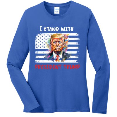 I Stand With President Trump Distressed American Flag Suppor Gift Ladies Long Sleeve Shirt