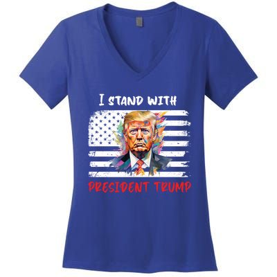 I Stand With President Trump Distressed American Flag Suppor Gift Women's V-Neck T-Shirt