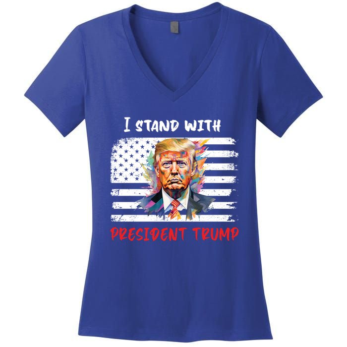 I Stand With President Trump Distressed American Flag Suppor Gift Women's V-Neck T-Shirt