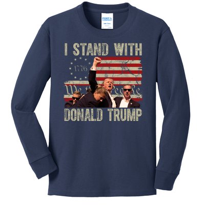 I Stand With Donald Trump 2024 Vintage Usa Flag Fight Kids Long Sleeve Shirt