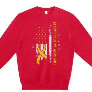 In September We Wear Gold Us Flag Childhood Cancer Awareness Premium Crewneck Sweatshirt