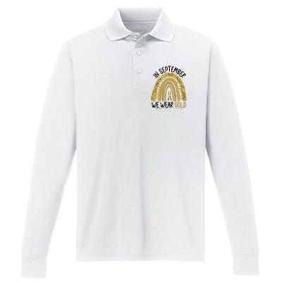 In September We Wear Gold Childhood Cancer Awareness Rainbow Performance Long Sleeve Polo