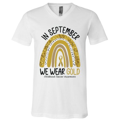 In September We Wear Gold Childhood Cancer Awareness Rainbow V-Neck T-Shirt