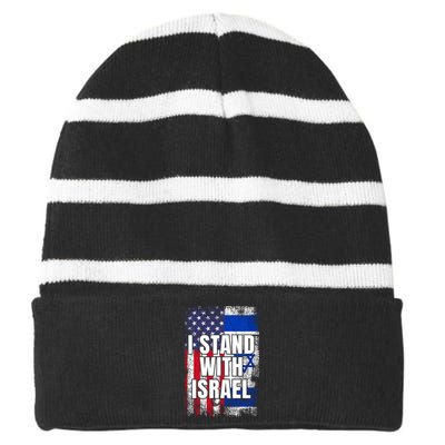 I Stand With Israel Usa Israeli Flag Striped Beanie with Solid Band