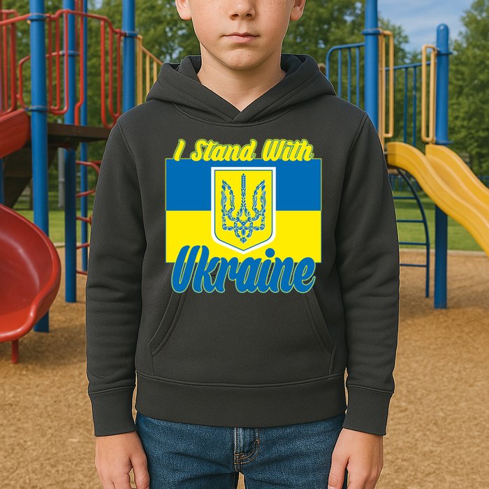 I Stand With Ukraine Coat Of Arms Flag Support Ukraine Kids Hoodie