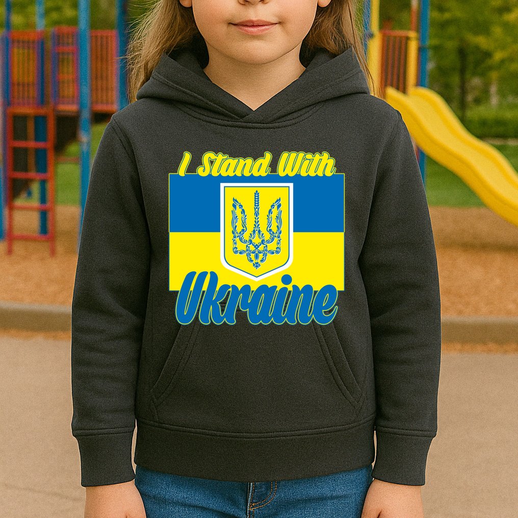 I Stand With Ukraine Coat Of Arms Flag Support Ukraine Kids Hoodie