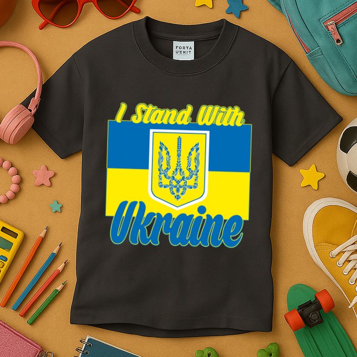 I Stand With Ukraine Coat Of Arms Flag Support Ukraine Kids T-Shirt