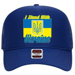 I Stand With Ukraine Coat Of Arms Flag Support Ukraine High Crown Mesh Back Trucker Hat