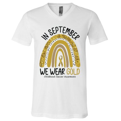 In September We Wear Gold Childhood Cancer Awareness Rainbow V-Neck T-Shirt