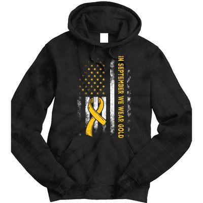 In September We Wear Gold Us Flag Childhood Cancer Awareness Tie Dye Hoodie