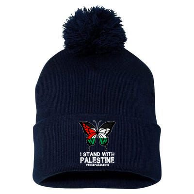 I Stand With Palestine Free Palestine Butterfly Pom Pom 12in Knit Beanie