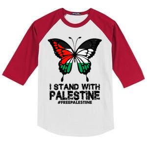 I Stand With Palestine Free Palestine Butterfly Kids Colorblock Raglan Jersey