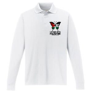 I Stand With Palestine Free Palestine Butterfly Performance Long Sleeve Polo