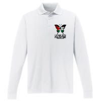 I Stand With Palestine Free Palestine Butterfly Performance Long Sleeve Polo