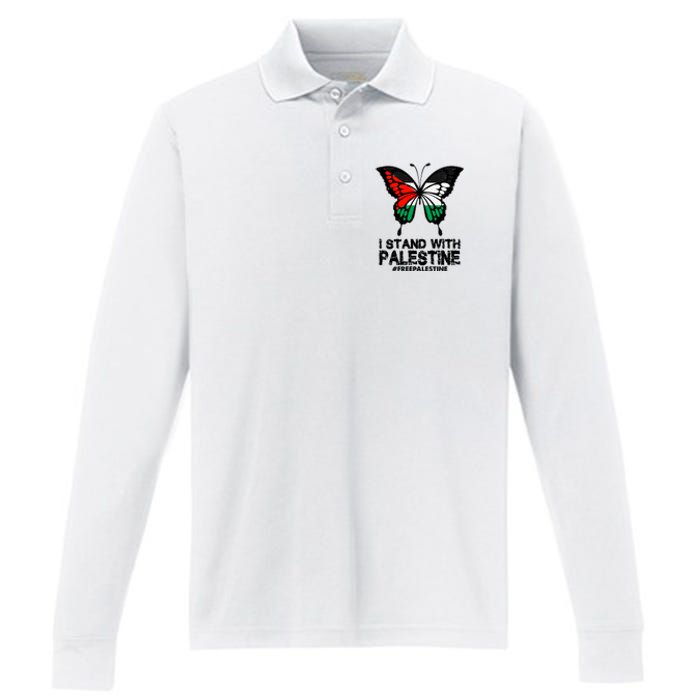 I Stand With Palestine Free Palestine Butterfly Performance Long Sleeve Polo