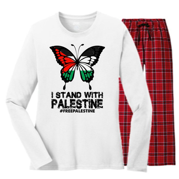 I Stand With Palestine Free Palestine Butterfly Women's Long Sleeve Flannel Pajama Set 