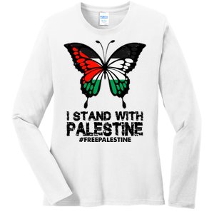 I Stand With Palestine Free Palestine Butterfly Ladies Long Sleeve Shirt