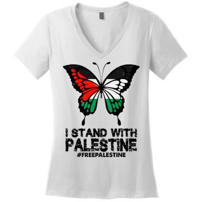 I Stand With Palestine Free Palestine Butterfly Women's V-Neck T-Shirt