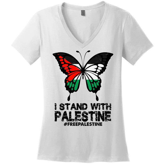 I Stand With Palestine Free Palestine Butterfly Women's V-Neck T-Shirt