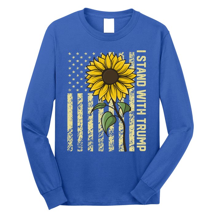 I Stand With Trump 2024 Vintage Us Flag With Sunflower Gift Long Sleeve Shirt