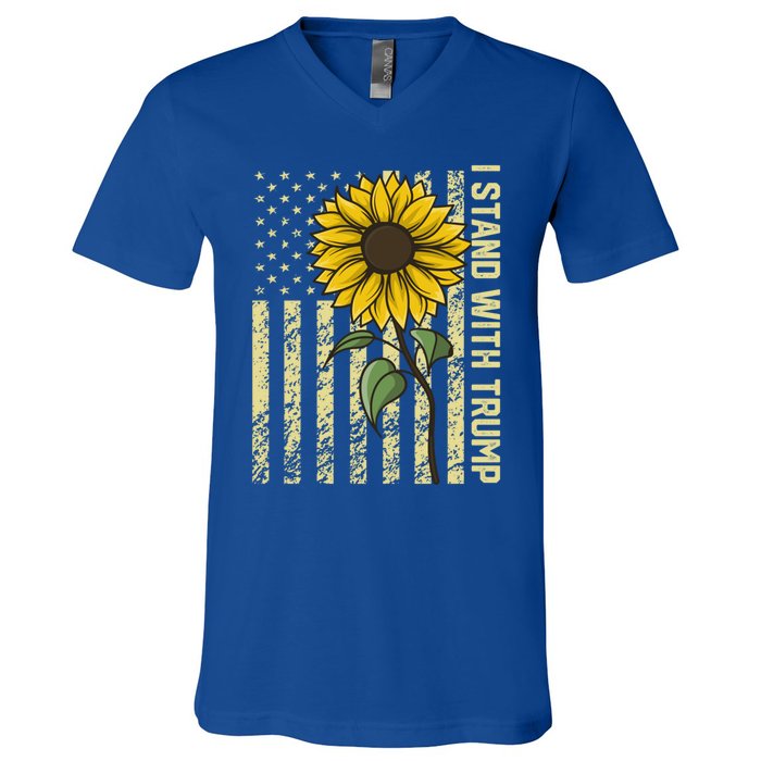 I Stand With Trump 2024 Vintage Us Flag With Sunflower Gift V-Neck T-Shirt