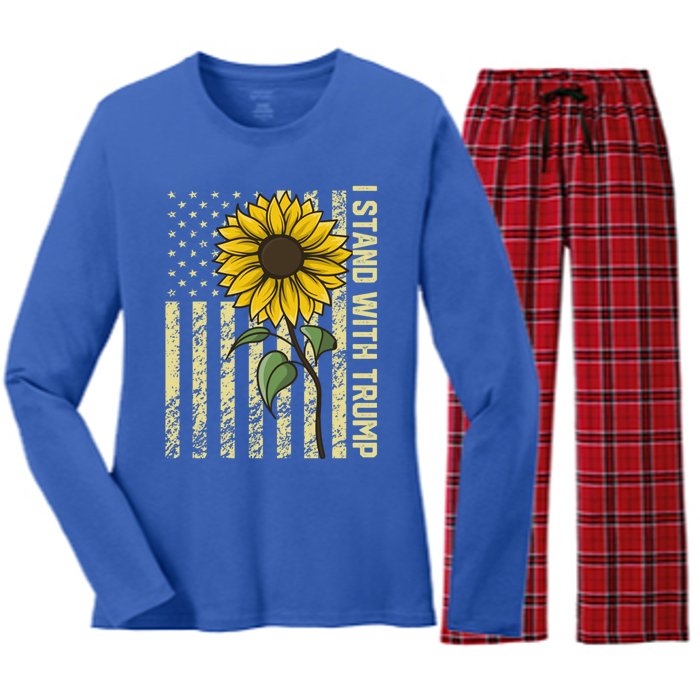 I Stand With Trump 2024 Vintage Us Flag With Sunflower Gift Women's Long Sleeve Flannel Pajama Set 