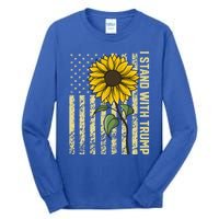 I Stand With Trump 2024 Vintage Us Flag With Sunflower Gift Tall Long Sleeve T-Shirt