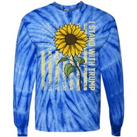 I Stand With Trump 2024 Vintage Us Flag With Sunflower Gift Tie-Dye Long Sleeve Shirt