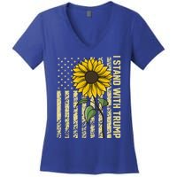 I Stand With Trump 2024 Vintage Us Flag With Sunflower Gift Women's V-Neck T-Shirt