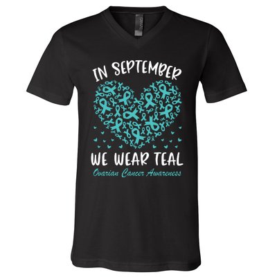 In September We Wear Teal Ovarian Cancer Awareness Hearts V-Neck T-Shirt