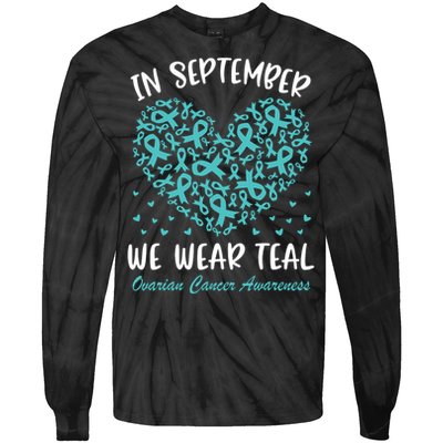 In September We Wear Teal Ovarian Cancer Awareness Hearts Tie-Dye Long Sleeve Shirt