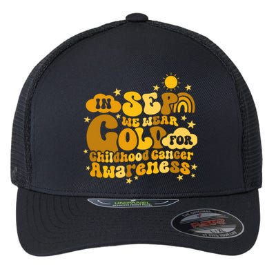 In September We Wear Gold  Childhood Cancer Awareness Flexfit Unipanel Trucker Cap