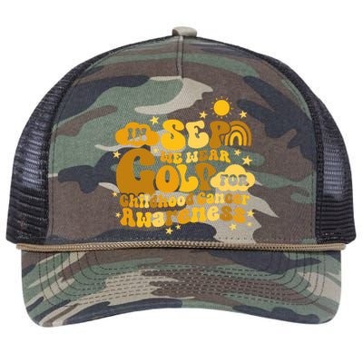 In September We Wear Gold  Childhood Cancer Awareness Retro Rope Trucker Hat Cap