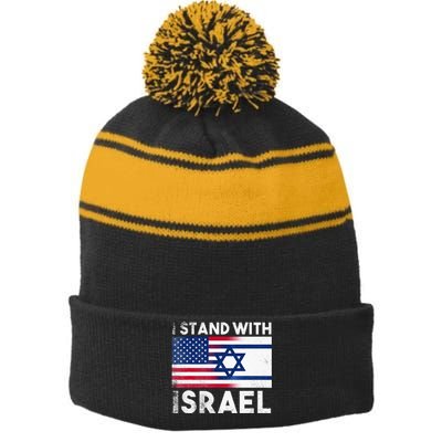 I Stand With Israel Pray For Israel US and Israel Flag Stripe Pom Pom Beanie