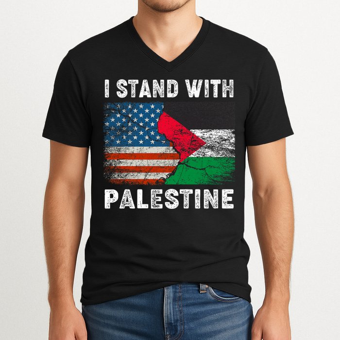 I Stand With Palestine Us Flag Palestinians Flag V-Neck T-Shirt