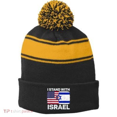 I Stand With Israel Usa American Flag With Israel Flag Stripe Pom Pom Beanie
