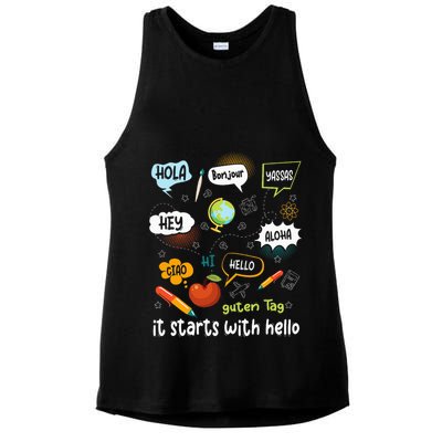 It Starts With Hello Friendship Inclusion Language Ladies PosiCharge Tri-Blend Wicking Tank