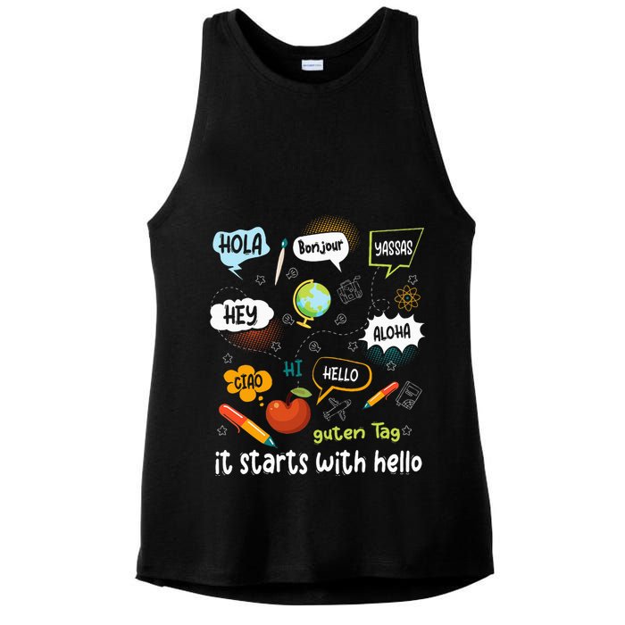It Starts With Hello Friendship Inclusion Language Ladies PosiCharge Tri-Blend Wicking Tank