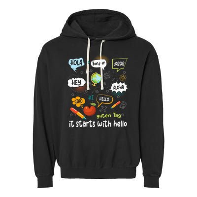 It Starts With Hello Friendship Inclusion Language Garment-Dyed Fleece Hoodie