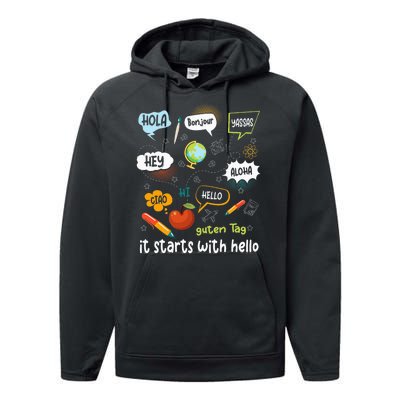 It Starts With Hello Friendship Inclusion Language Performance Fleece Hoodie