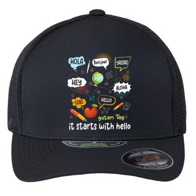 It Starts With Hello Friendship Inclusion Language Flexfit Unipanel Trucker Cap