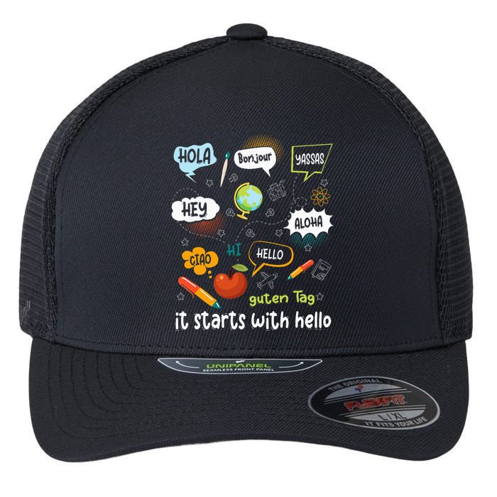 It Starts With Hello Friendship Inclusion Language Flexfit Unipanel Trucker Cap