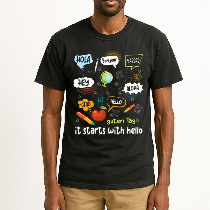 It Starts With Hello Friendship Inclusion Language Tall T-Shirt