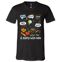 It Starts With Hello Friendship Inclusion Language V-Neck T-Shirt